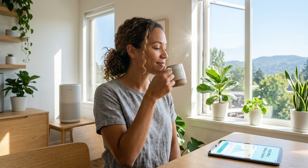 A woman relaxing at a sunlit table with a mug of coffee near a window with plants